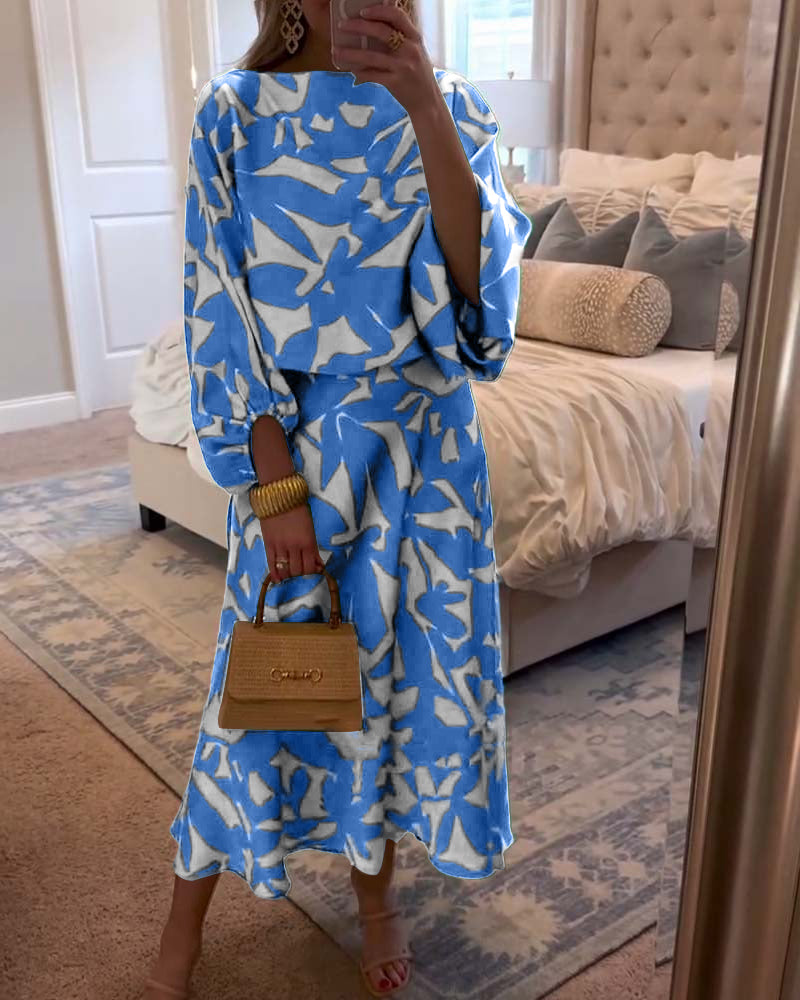 Set Dress Casual Printed Lantern Sleeves Temperament