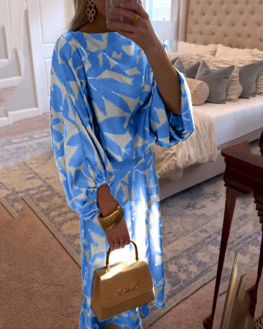 Set Dress Casual Printed Lantern Sleeves Temperament