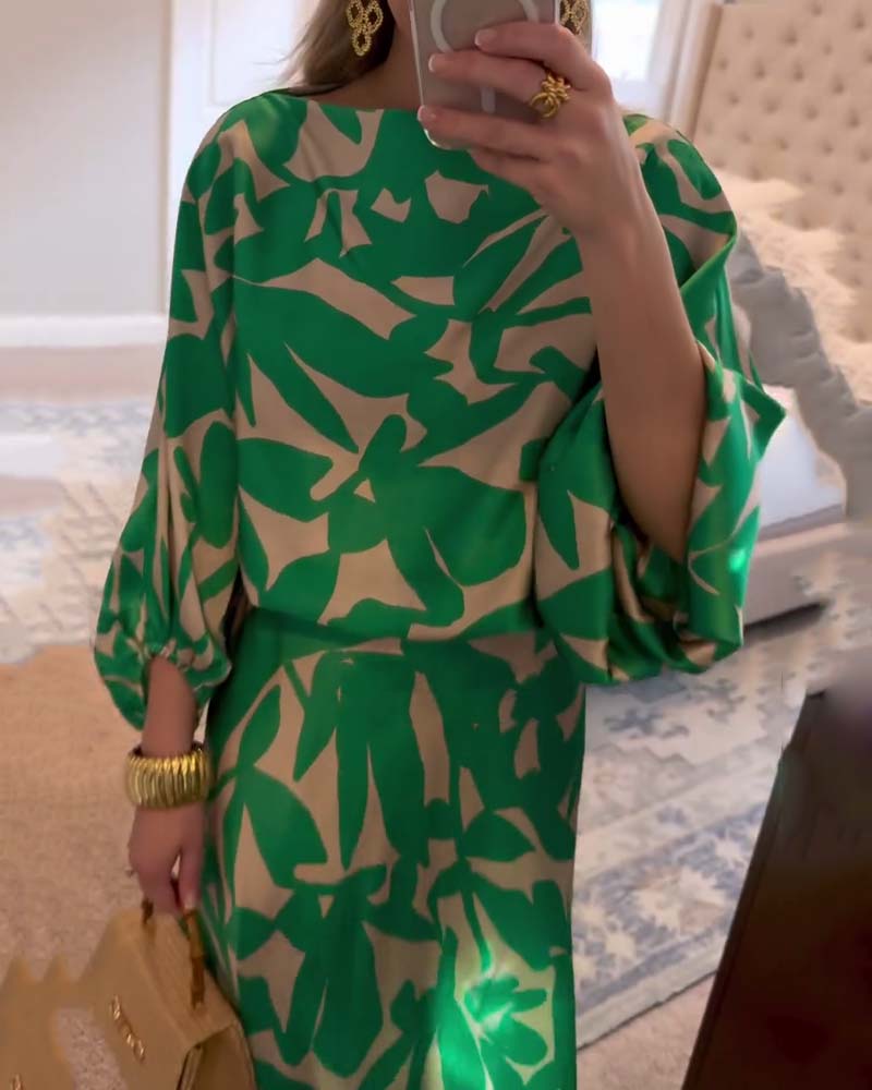 Set Dress Casual Printed Lantern Sleeves Temperament