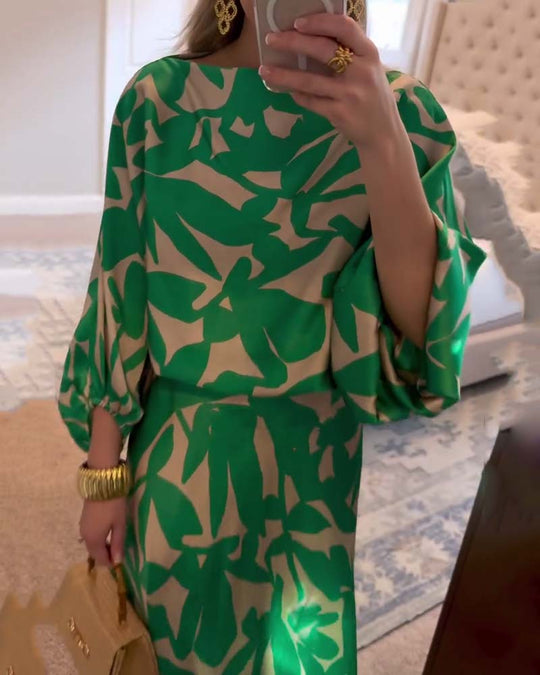 Set Dress Casual Printed Lantern Sleeves Temperament