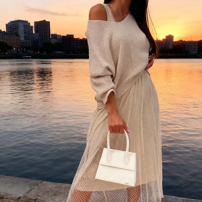 Elegant Knitted Sweater & Tulle Skirt Set